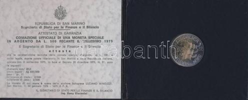 San Marino 1975. 500L Ag "Pénzverés" T:1 keményfedelű tanusítvánnyal (kis mappa)