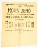 cca 1920 Nagykáta, Korn Jenő rőfös-, fűszer- és vegyeskereskedésének nyomtatott csomagolópapírja, hajtott, jó állapotban