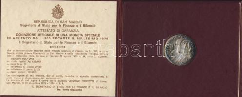 San Marino 1976. 500L Ag "Szociális biztonság" T:1 keményfedelű tanusítvánnyal (kis mappa)