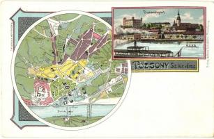 Pozsony, Pressburg, Bratislava; Duna rakpart, térkép. Bediene dich allein / quay, map. Art Nouveau, litho