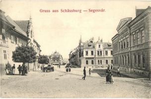 1906 Segesvár, Schässburg, Sighisoara; utca, Evangélikus leányiskola, M. Schullerus üzlete / girl school, street, shop
