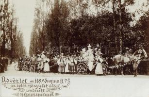1899 Igló, Iglau, Spisská Nová Ves; Üdvözlet a az iglói nőegylet által rendezett népünnepélyről, feldíszített hintó / festival organized by the Iglauer womens association, decorated chariot. photo