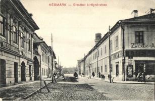 Késmárk, Kezmarok; Erzsébet királyné utca, Freyer vendéglője, Poprádi Sörraktár rt., Zwicker Alfréd és Semiany G. üzlete / street, restaurant, shops, beer storage