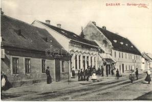 1916 Sasvár, Sastín, Mária Sasvár, Maria-Schlossberg; Baross utca, Fischer Jakab üzlete, Krajcsovics Ferenc üzlete és saját kiadása / street view with shops (EK)