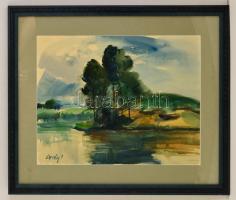 Élesdy István (1912-1987): Tóparti fák. Akvarell, papír, üvegezett keretben, 36×46 cm