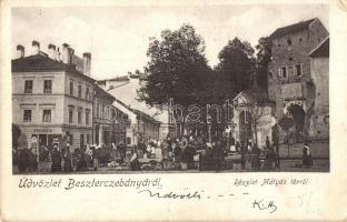 ~1900 Besztercebánya, Banská Bystrica; Mátyás tér, piaci árusok, Steiner B. üzlete / market with vendors, square, shop (kopott sarkak / worn corners)