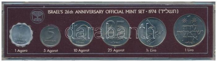Izrael 1974. 1a-1L (6xklf) Izrael 26. évfordulója forgalmi sor tokban T:1,1- Israel 1974. 1 Agora - 1 Lira (6xdiff) Israels 26th Anniversary coin set in case C:UNC,AU