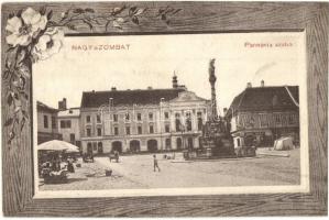 Nagyszombat, Tyrnau, Trnava; tér, Pannónia szálló, kávéház, Szentháromság szobor, Bauer Károly üzlete, piaci árusok / hotel, cafe, monument, shops, market vendors, square. Floral (Rb)