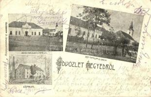 1909 Negyed, Neded; Református templom és iskola, Katolikus templom, községháza, gőzmalom. Goldstein J. kiadása / town hall, churches, school, mill (ázott sarok / wet corner)