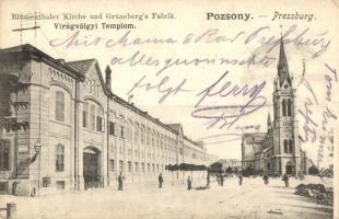 1900 Pozsony, Pressburg, Bratislava; Virágvölgyi templom, Grüneberg gyára / Blumenthaler Kirche, Fabrik / Kvetná dolina, church and factory (EB)