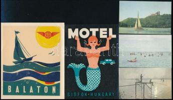 Kis Balatonnal kapcsolatos tétel: bőröndcímke, Képzőművészeti Vállalat kis kártyái, összesen: 19 db