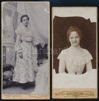cca 1902 Ifjú hölgyek portréi, keményhátú fotók budapesti és gyöngyösi műtermekből, 15×7 cm