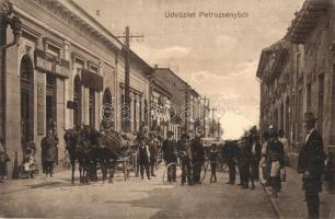 Petrozsény, Petrosani; M. kir. dohányáruda, üzletek, kerékpár. Adler kiadása / tobacco shop, street view, bicycle (r)
