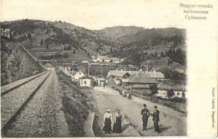 Gyimes, Ghimes; Magyar-román határszoros, Rákóczi vár, vasúti sínek. Helyfi László kiadása / Hungarian-Romanian border pass, castle, railway tracks (EK)