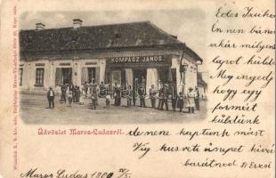 1901 Marosludas, Ludus; Kompász János üzlete és kirakata. Weinrich S. fényképész képe után / shop front with owners (EB)