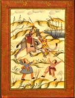 Jelzés nélkül: Mughal stílusú indiai falikép, vegyes technika, selyem, üvegezett fa keretben, 28,5×21,5 cm