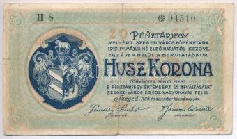 Szeged 1918. 20K Városi Pénztárjegy, H 8-as sorozat T:III- szakadás