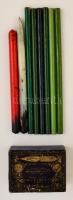 Kis régi írószer tétel: 6 db hegyezetlen Turán színes ceruza + 2 db tollszár + Carl Kuhn Wien tollhegyes doboz