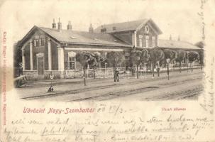 1900 Nagyszombat, Tyrnau, Trnava; Vasútállomás, létra, vasutasok / railway station, ladder, railwaymen (EK)