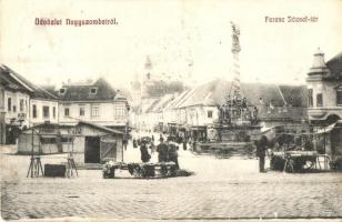 Nagyszombat, Tyrnau, Trnava; Ferenc József tér, üzletek, piaci árusok, Szentháromság szobor / square, shops, market vendors, Trinity statue (EK)