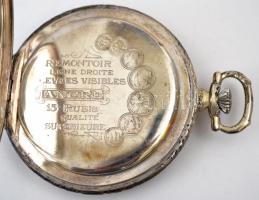 Lanco másodpercmutatós ezüstözött zsebóra, kopásnyomokkal, működik, eredeti igazolással, d: 4,5 cm