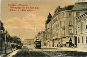 Pozsony, Pressburg, Bratislava; Stefaniestrasse mit dem Hotel Deák / Stefánia út a Deák szállodával, villamos. W. L. Bp. 2421. Josef Skoda kiadása / street view, hotel, tram (r)