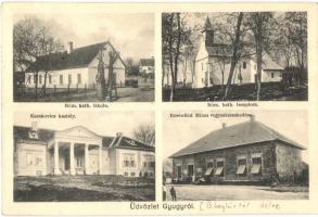 1930 Gyugy, Római katolikus templom és iskola, Kacskovics kastély, Rosenfeld Miksa vegyeskereskedése