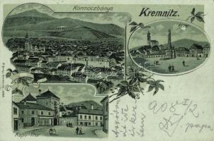 Körmöcbánya, Kremnitz, Kremnica; látkép, Vártemplom, Fő tér, Szentháromság szobor, Kapu. R. Kniep 3688. / general view, castle church, main square, Trinity statue. Art Nouveau, floral, litho (EK)