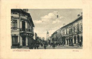 Liptószentmiklós, Liptovsky Mikulas; Úri utca, Lerchenfeld Gyula üzlete, Római katolikus templom. W. L. Bp. 2514. / street view, shops, Roman Catholic church (EK)