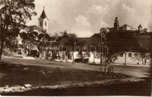 Pannonhalma, Fő út, Ács László kereskedése, automobil, templom, photo