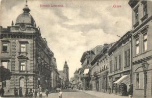 Kassa, Kosice; Kossuth Lajos utca, Bradovka Gyula üzlete, kiadja László Béla / street, shops