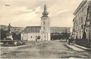 Puhó, Púchov; utcakép, templom, szobor, Vágvölgy. Reismann Mór J. kiadása / street view, church, statue, Povazie