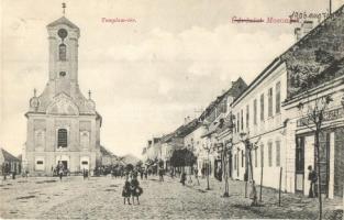 1906 Moson, Mosonmagyaróvár; Templom tér, templom, Weisz Jakab mészáros üzlete