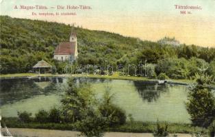 Tátralomnic, Tatranská Lomnica; Evangélikus templom, tó. Divald Károly 1908. / Lutheran church, lake (EK)