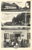 1930 Pátka, utca, templom, vasútállomás vagonokkal, Czifra János üzlete