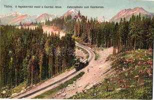 Tátra, Tatry; Fogaskerekű vasút a Csorba-tóhoz. Kiadja Feitzinger Ede Ph. No. 4. / Zahnradbahn zum Csorbersee /  Strbské Pleso cogwheel railway