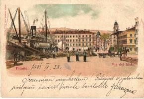 Fiume, Via del Molo. Leopoldo Rosenthal, Lith. G. ertel / Móló, gőzhajó / molo, port, steamship. Art Nouveau, litho (kis szakadás / small tear)