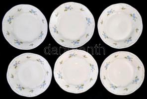 Zsolnay virágmintás porcelán lapos tányér, 6 db, részben kézzel festett, részben matricás, d: 24 cm