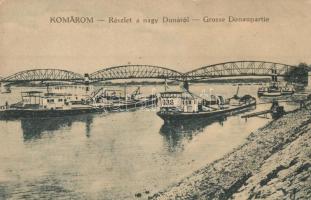Komárom, Komárno; Részlet a Nagy-Dunáról, híd, MFTR 631 és 638-as uszályok / Danube bridge, barges (EK)