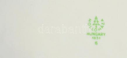 Hollóházi porcelán vadászjelenetekkel díszített süteményes készlet, matricás, jelzett, hibátlan, 6+1...