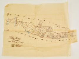 cca 1880 Talács, Erdély a község kézzel rajzolt térképe, a dűlők jelölésével. Pauszpapíron, lyukkal