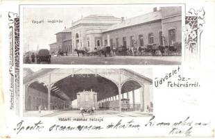 1900 Székesfehérvár, Vasúti indóház, vasútállomás, faszerkezetes váró vonatokkal. Kaufman F. kiadása, Art Nouveau (EK)