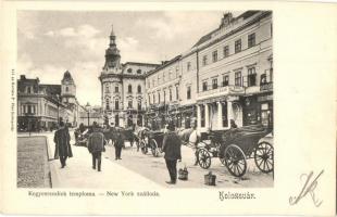 Kolozsvár, Cluj; Kegyesrendiek temploma, New York szálloda, gyógyszertár, Mezőgazdasági bank, Hanitz Sándor könyvkötészete, drogéria, Kónya Sándor üzlete, lovaskocsik. Kováts p. fiai kiadása 161. sz. / street, hotel, shops, pharmacy, drogerie, bookbinding