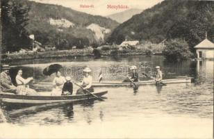 1909 Menyháza, Moneasa; Halas tó csónakázókkal / lake with boating people + Borossebes P.U.