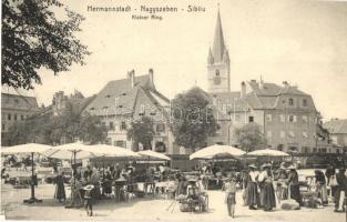 1914 Nagyszeben, Hermannstadt, Sibiu; Kis piac tér árusokkal. Georg Meyer kiadása / Kleiner Ring / market with vendors