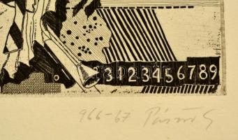 Pásztor Gábor (1933-2012):: Háború. Rézkarc, papír. Jelzett. 11x25 cm