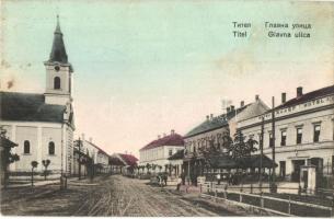 Titel, Glavna ulica / Fő utca, Anker szálloda, templom / main street, hotel, church (ázott sarok / wet corner)