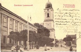 1908 Losonc, Lucenec; Tanítóképezde a templommal. Róth Simon 651. / street view, church, teachers training institute