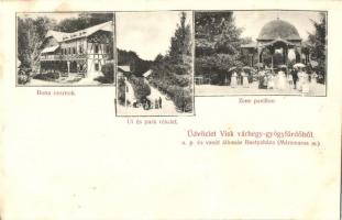1907 Visk, Várhegy-gyógyfürdő, Vyshkovo (Máramaros); Ilona csarnok, út és park, zene pavilon / hall, street, park, music pavilion