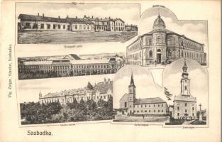 Szabadka, Subotica; Vasútállomás, Beltéri iskola, Törvényszéki palota, Barátok temploma, Szerb pravoszláv templom. Vig Zsigm. Sándor kiadása / railway station, school, court, church, Serbian Orthodox church. Art Nouveau